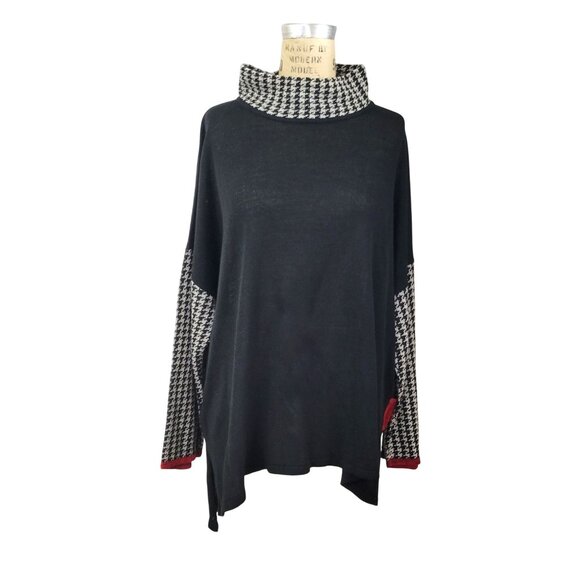 Roni Bis Black Houndstooth Color Block Mock Neck Pullover Vintage Sweater - Picture 2 of 6